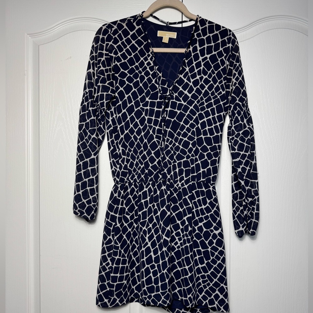 Michael Kors Blue and White Ruched Wrap Dress
